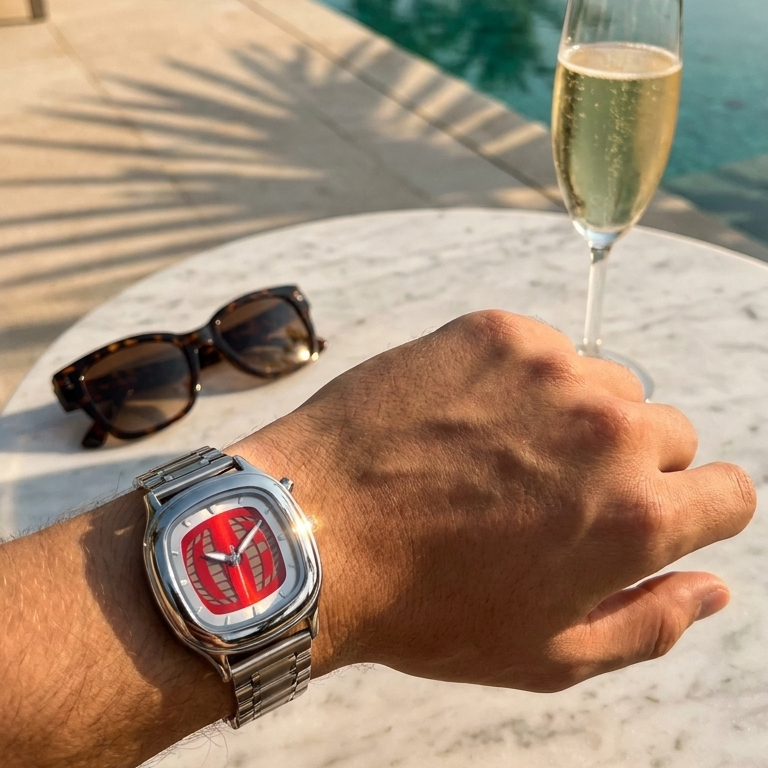 TYMELUX Y2K globe watch in Red worn poolside with sunglasses and champagne