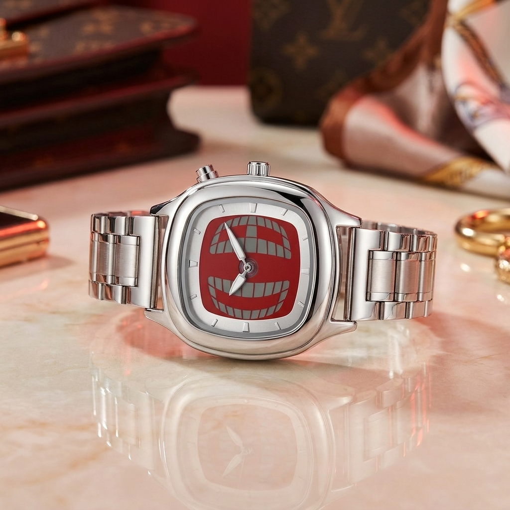 TYMELUX Y2K globe watch in Red - chrome steel watch on a marble table, luxury flat lay