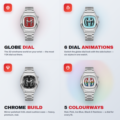 TYMELUX Y2K globe watch features: globe dial, 6 dial animations with side button, chrome build, 5 colourways