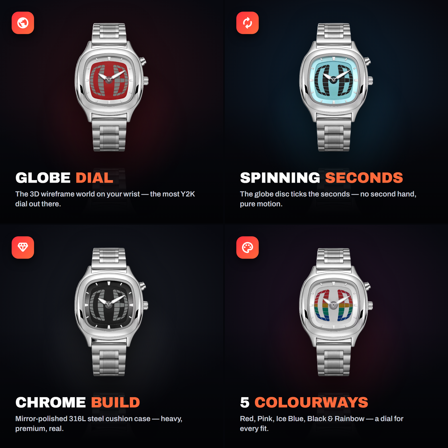 TYMELUX Y2K globe watch features: globe dial, 6 dial animations, chrome build, 5 colourways