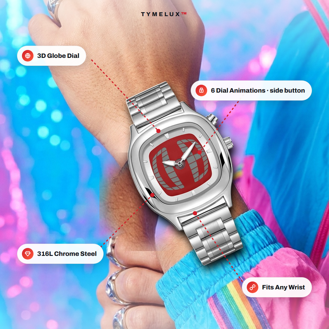 TYMELUX Y2K globe watch worn on wrist with feature callouts: 3D globe dial, 6 dial animations, 316L chrome steel, fits any wrist