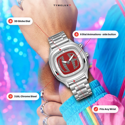 TYMELUX Y2K globe watch worn on wrist with feature callouts: 3D globe dial, 6 dial animations, 316L chrome steel, fits any wrist
