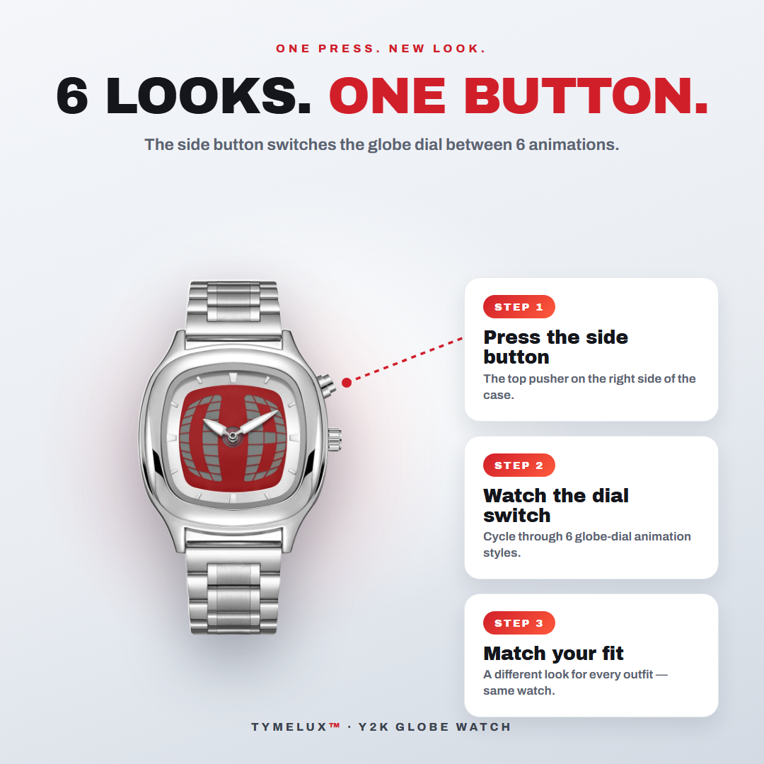 How it works: press the top side button to switch between 6 globe dial animations