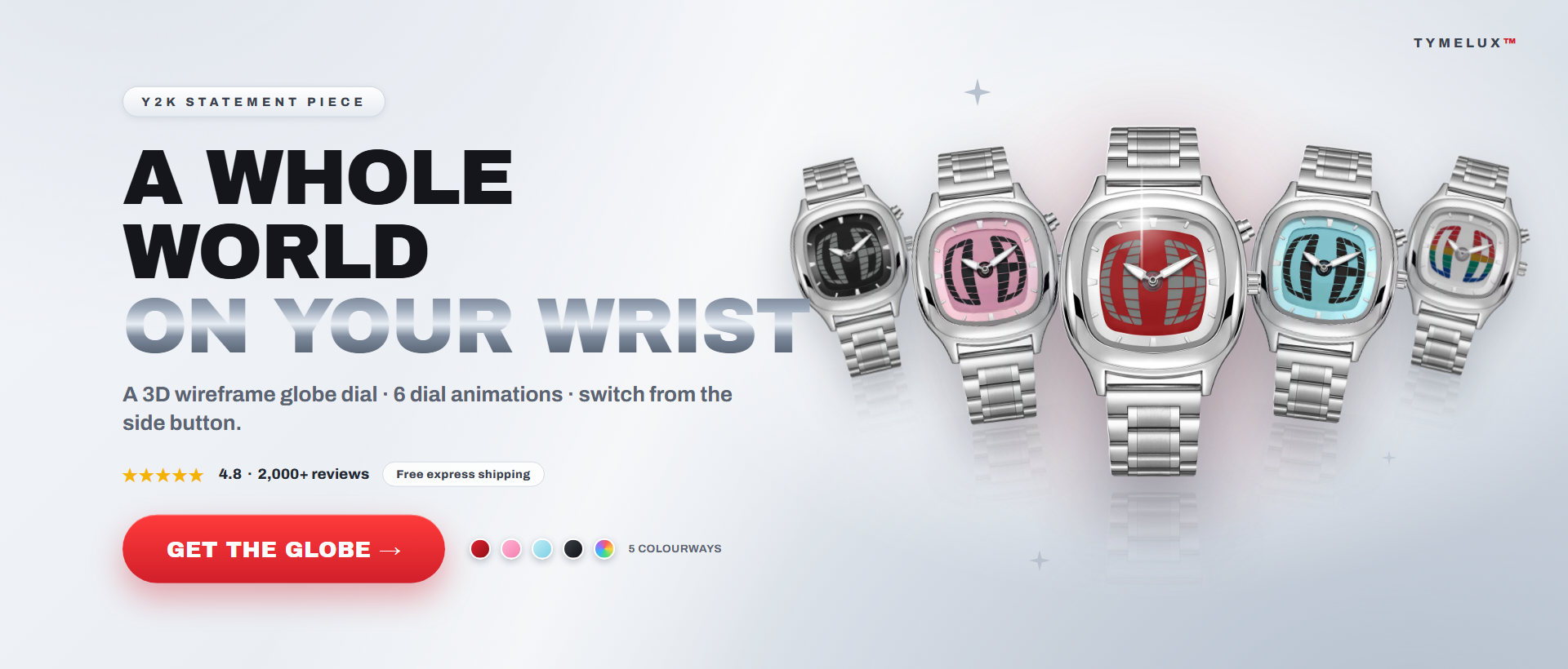 TYMELUX Y2K globe watch - all 5 colourways hero banner desktop