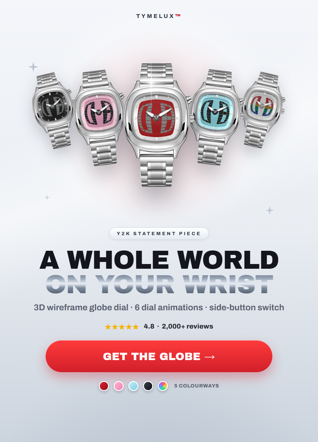 TYMELUX Y2K globe watch - all 5 colourways hero banner mobile