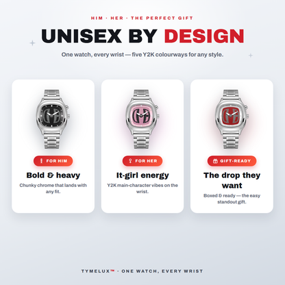 TYMELUX Y2K globe watch is unisex by design - for him, for her, gift-ready